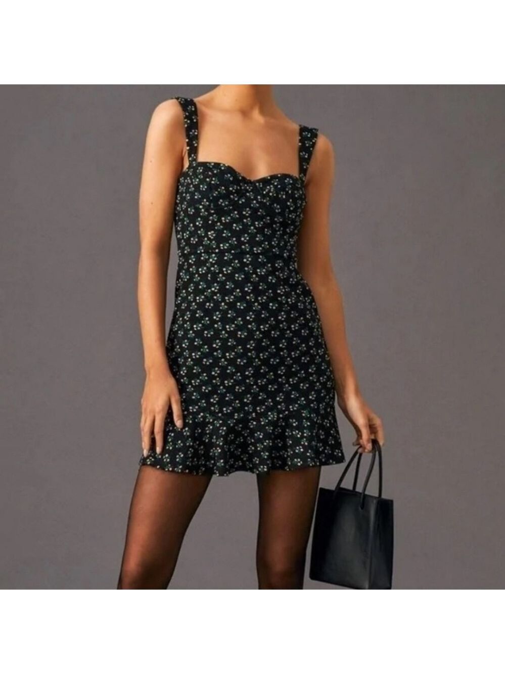 Anthropologie HUTCH Black Ditsy Floral  Corset Ruffle Mini Dress Size Medium